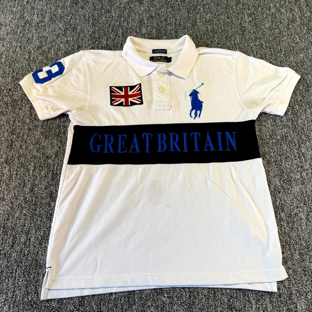 Polo Ralph Lauren Great Britain Polo Shirt Mens L White Custom Fit Embroidered